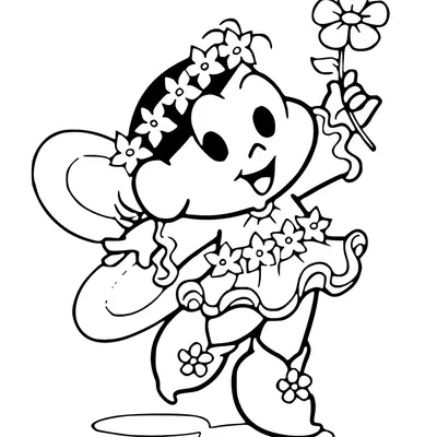 Desenho de contorno da Magali da Turma da Mônica saltando com asas de fada, vestido decorado com flores, tiara floral e segurando uma flor.