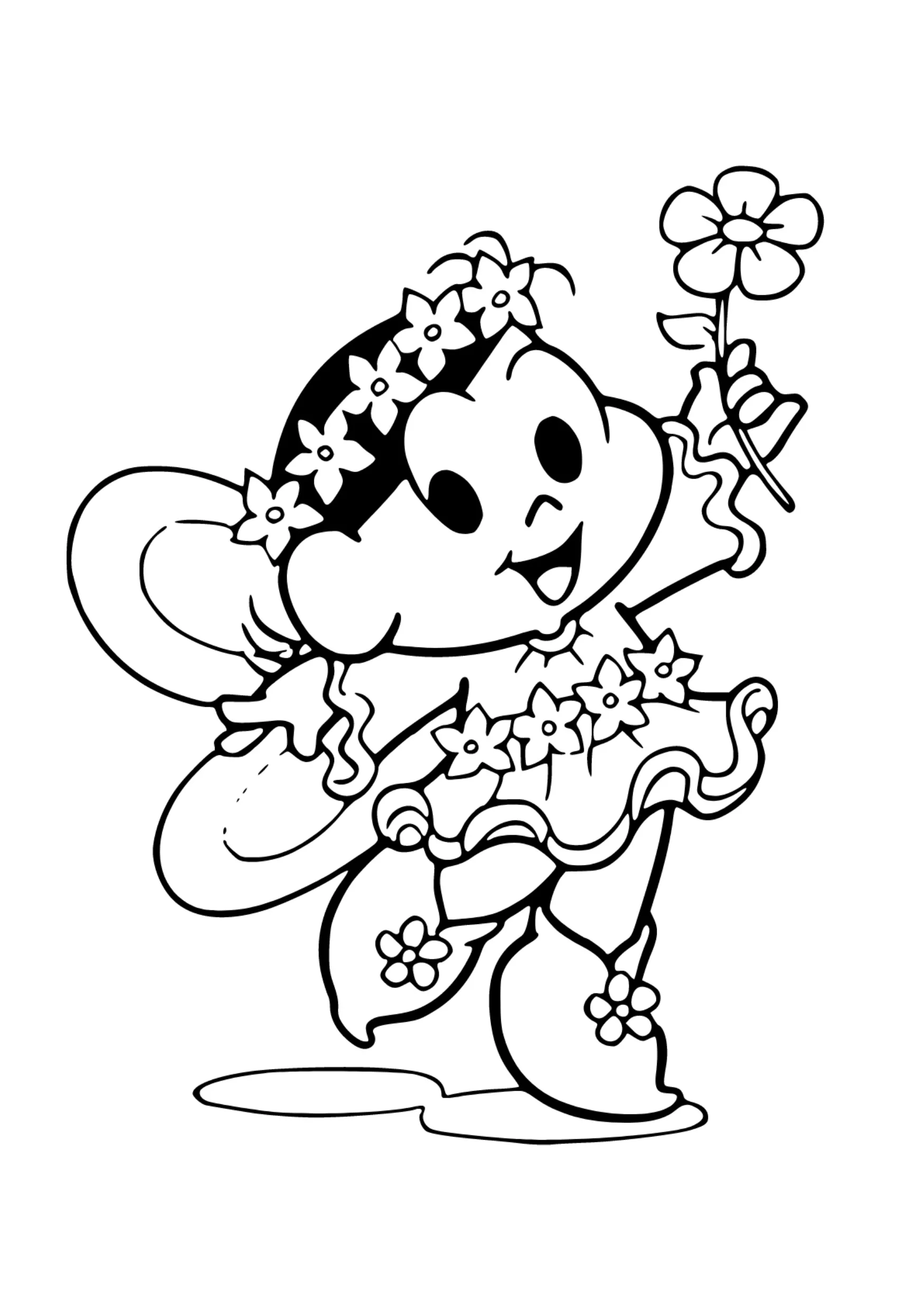 Desenho de contorno da Magali da Turma da Mônica saltando com asas de fada, vestido decorado com flores, tiara floral e segurando uma flor.
