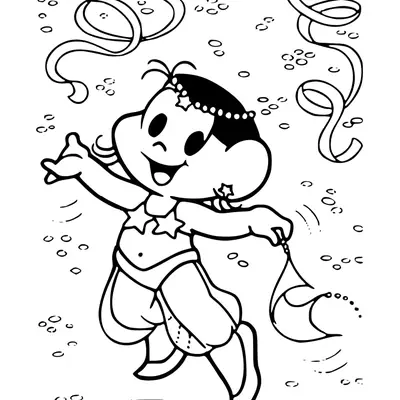 Desenho de contorno da Magali da Turma da Mônica saltando alegremente, usando top de estrelas, calças largas, tiara de pérolas e segurando um lenço de dança.