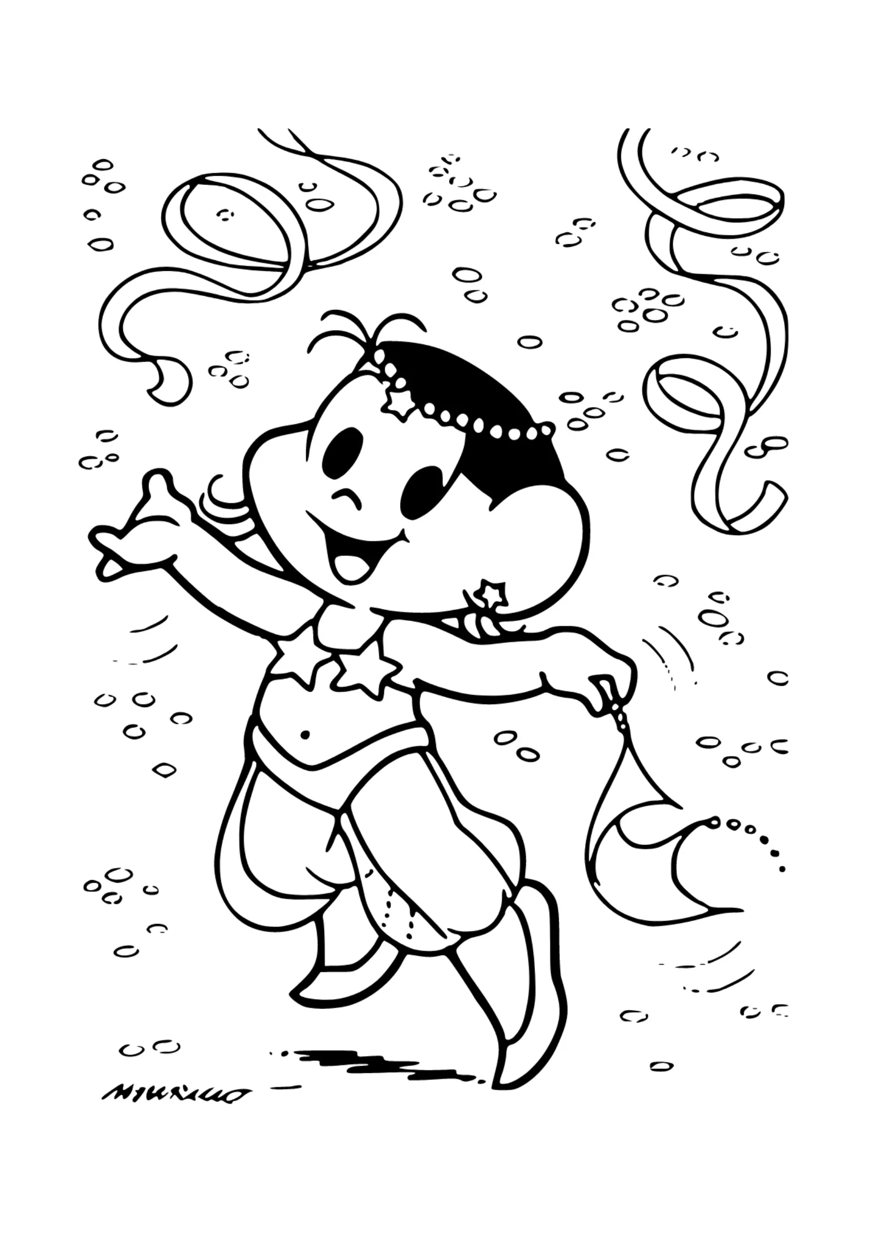 Desenho de contorno da Magali da Turma da Mônica saltando alegremente, usando top de estrelas, calças largas, tiara de pérolas e segurando um lenço de dança.