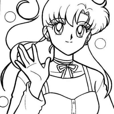 Desenho de contorno em preto e branco da personagem Makoto Kino de Sailor Moon, usando um vestido casual com botões e acenando com a mão.