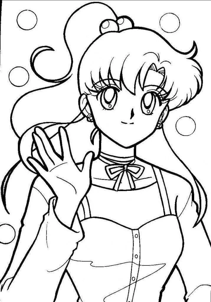 Desenho de contorno em preto e branco da personagem Makoto Kino de Sailor Moon, usando um vestido casual com botões e acenando com a mão.