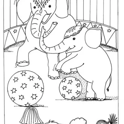 Desenho de contorno de um elefante grande e um filhote com enfeites de cabeça, brincando com bolas decoradas com estrelas no circo.