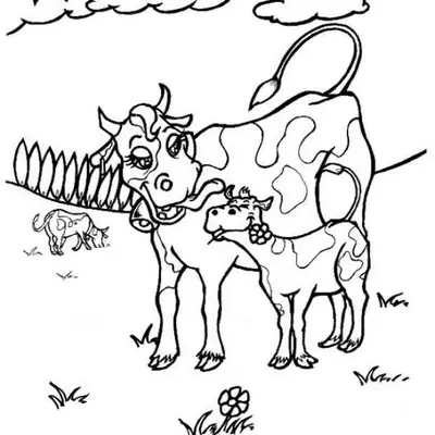 Desenho de contorno de uma vaca grande lambendo o rosto de um bezerro pequeno, com nuvens, flores e outra vaca ao fundo.