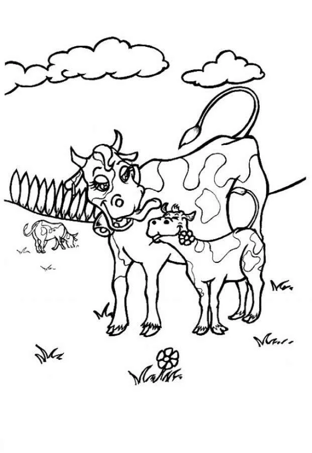 Desenho de contorno de uma vaca grande lambendo o rosto de um bezerro pequeno, com nuvens, flores e outra vaca ao fundo.