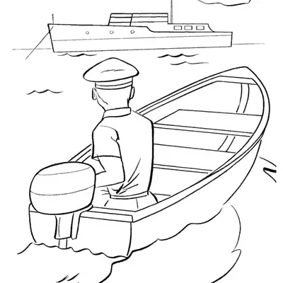 Desenho de contorno de um marinheiro de costas pilotando um pequeno barco com motor de popa, com um navio maior navegando ao fundo.