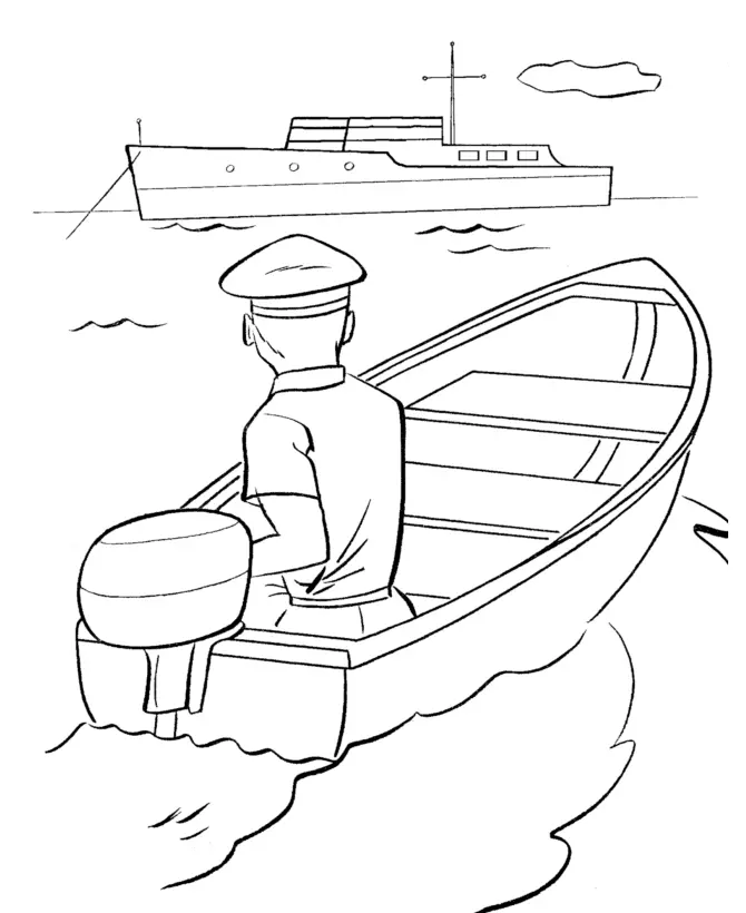 Desenho de contorno de um marinheiro de costas pilotando um pequeno barco com motor de popa, com um navio maior navegando ao fundo.