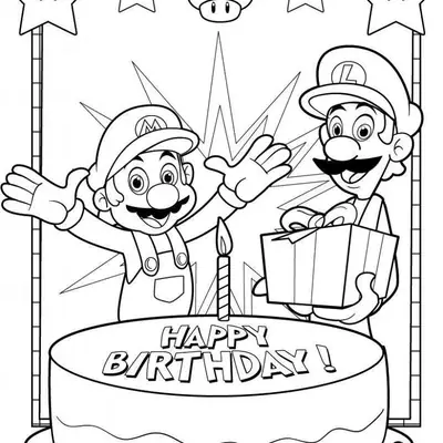 Desenho de contorno do Mario de braços abertos e Luigi segurando um presente, atrás de um bolo com a frase 