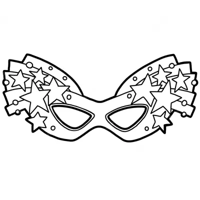 Desenho de contorno de uma máscara de Carnaval simétrica com várias estrelas de diferentes tamanhos sobrepostas nas laterais e pequenos círculos decorativos.