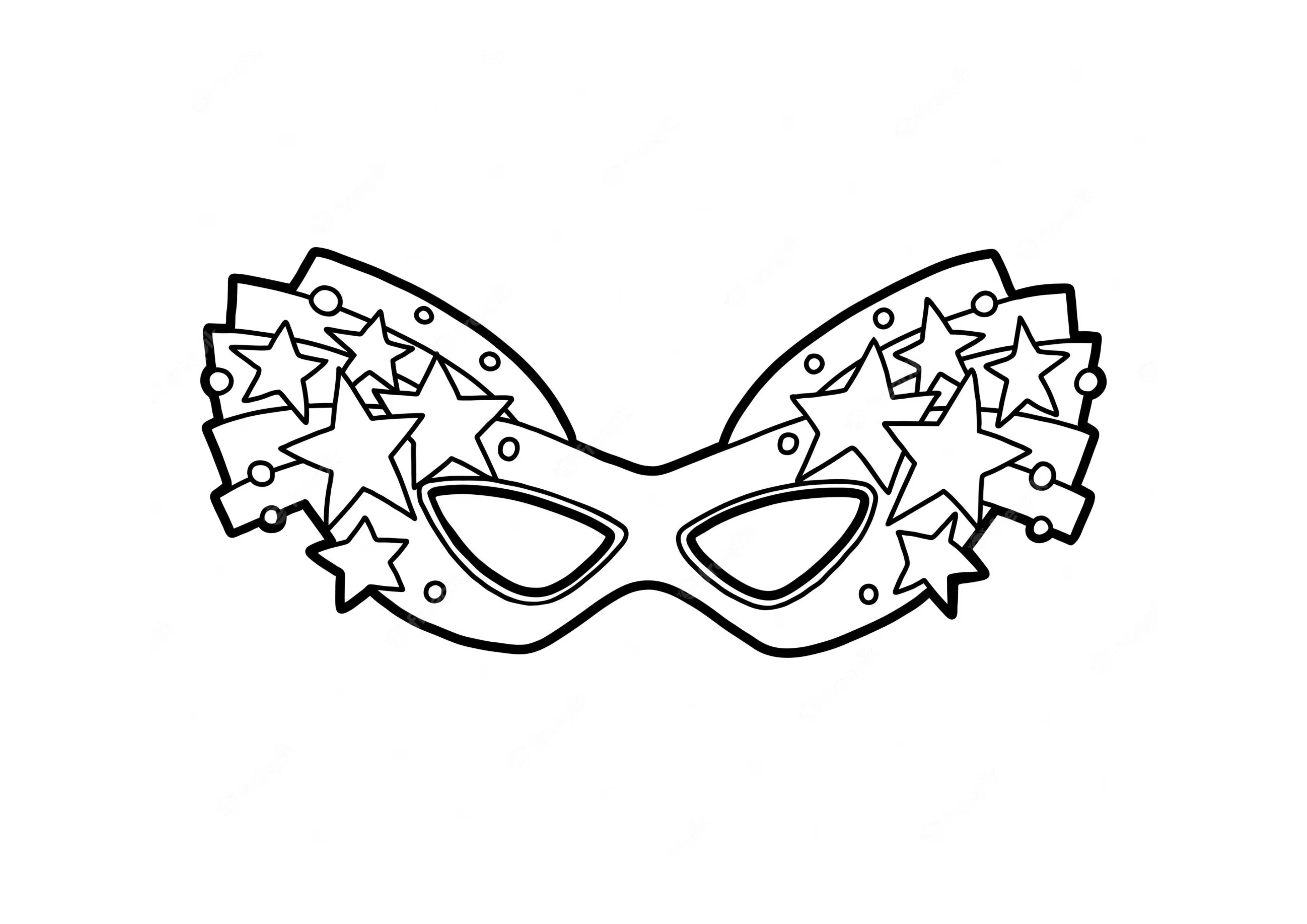 Desenho de contorno de uma máscara de Carnaval simétrica com várias estrelas de diferentes tamanhos sobrepostas nas laterais e pequenos círculos decorativos.