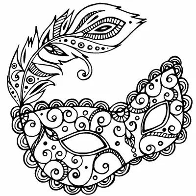 Desenho de contorno de uma máscara de Carnaval detalhada com padrões de redemoinhos, bordas onduladas e uma grande pena de pavão estilizada.