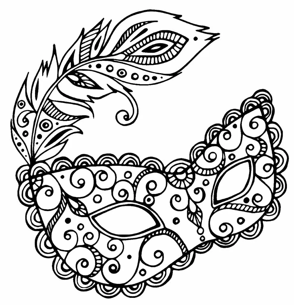 Desenho de contorno de uma máscara de Carnaval detalhada com padrões de redemoinhos, bordas onduladas e uma grande pena de pavão estilizada.