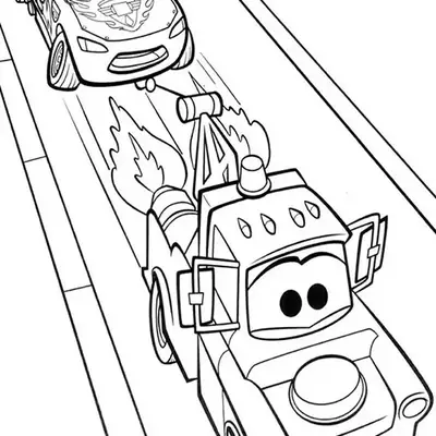 Desenho de contorno do guincho Mate soltando fogo por turbinas traseiras enquanto reboca o Relâmpago McQueen em uma pista.