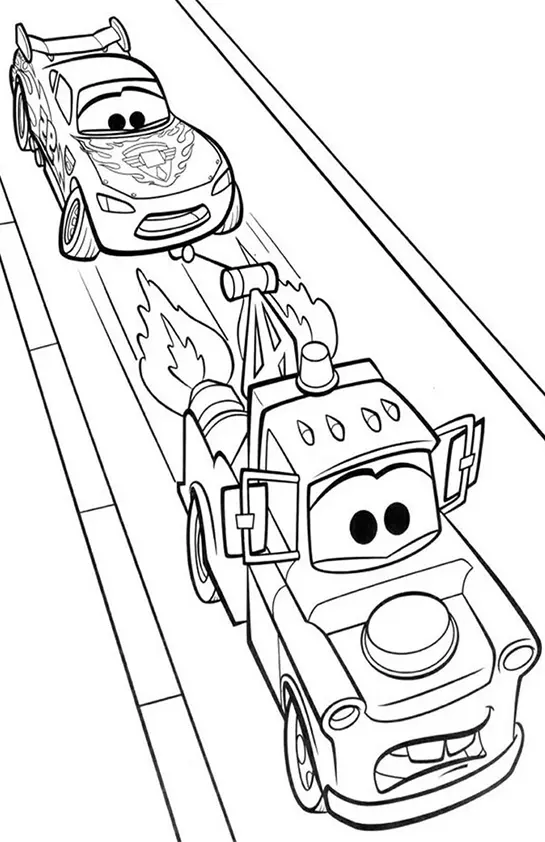 Desenho de contorno do guincho Mate soltando fogo por turbinas traseiras enquanto reboca o Relâmpago McQueen em uma pista.