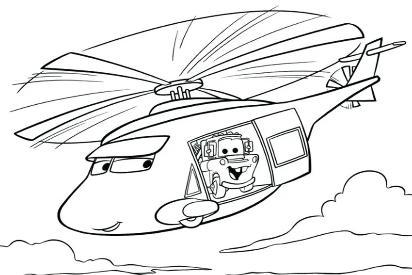 Desenho de contorno do personagem Mate dentro de um helicóptero com hélices girando, voando sobre nuvens.