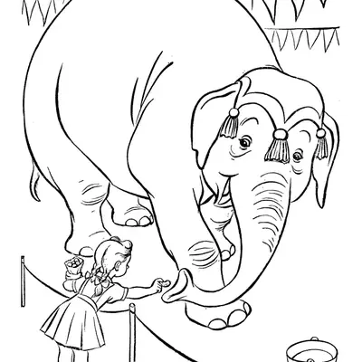 Desenho de contorno de uma menina de avental dando comida para a trompa de um elefante que usa um enfeite de cabeça com borlas.