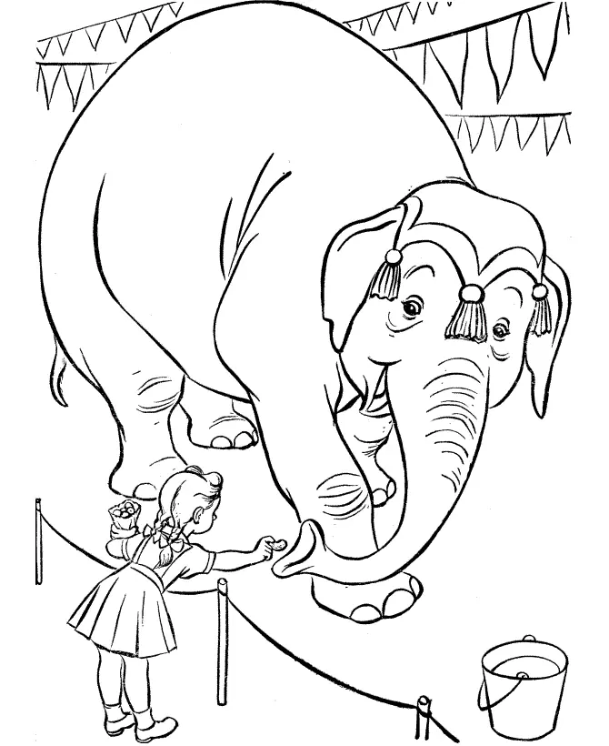 Desenho de contorno de uma menina de avental dando comida para a trompa de um elefante que usa um enfeite de cabeça com borlas.