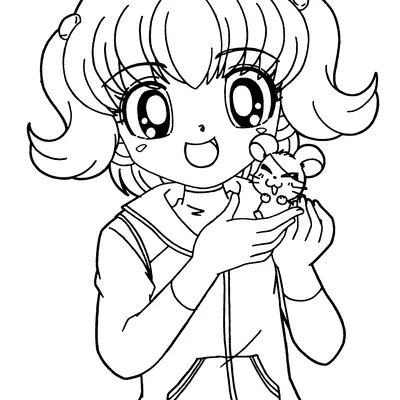Desenho de Menina Anime com Hamster para Colorir