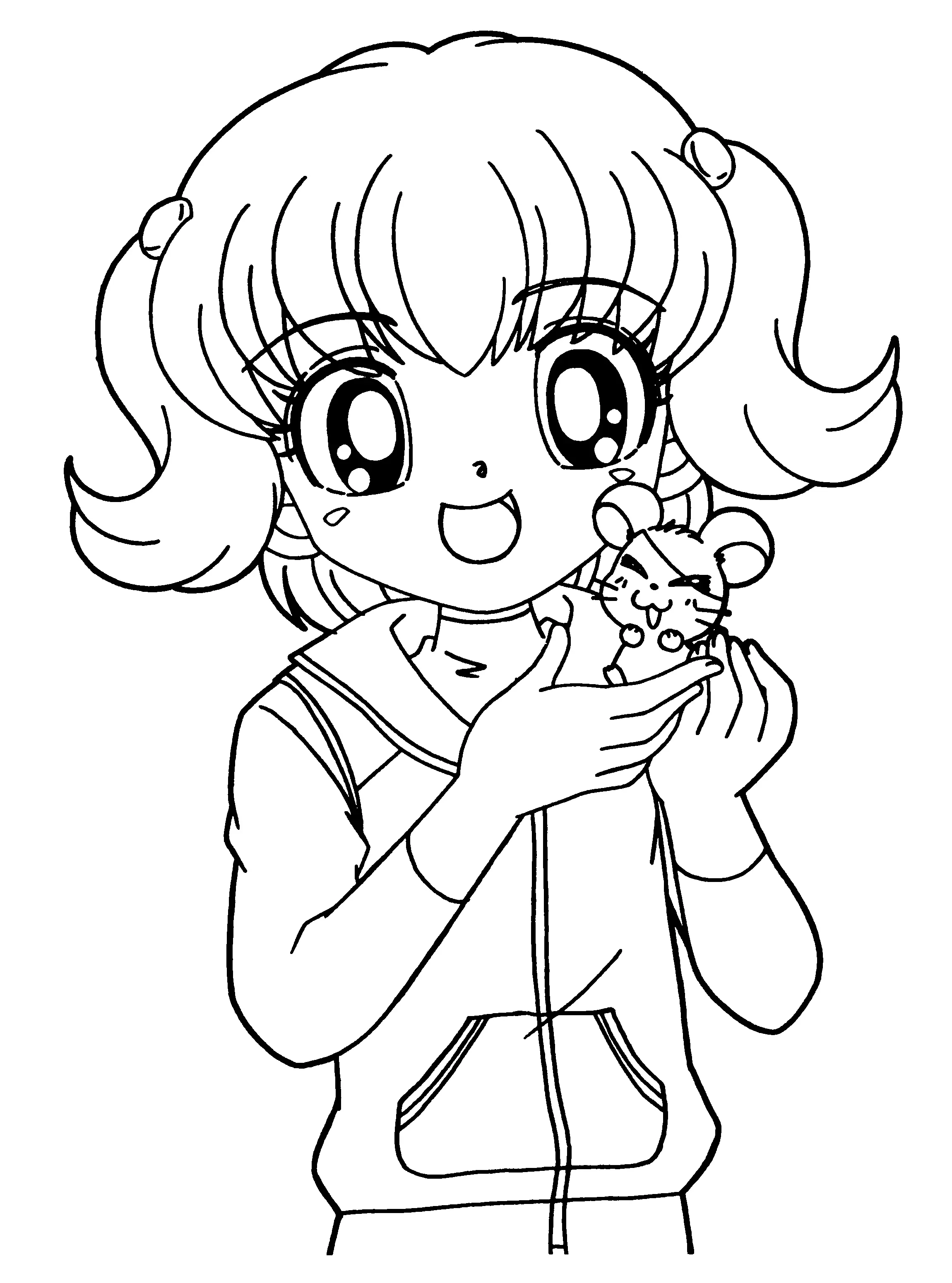 Desenho de contorno em preto e branco de uma menina anime sorridente com grandes olhos, usando moletom e segurando um hamster minúsculo.