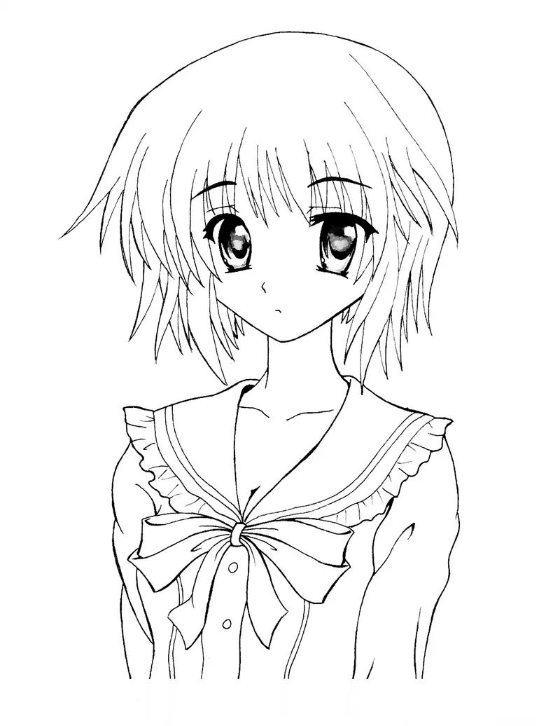 Desenho de contorno em preto e branco de uma menina anime com cabelo curto desfiado, grandes olhos brilhantes e uniforme escolar com laço e babados.