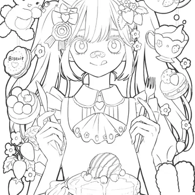 Desenho de Menina Anime em Café de Doces para Colorir