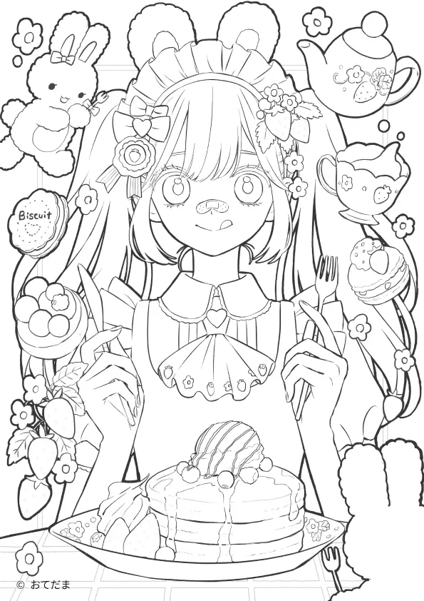 Desenho de contorno em preto e branco de uma menina anime com maria-chiquinha e orelhas de urso, segurando talheres diante de uma pilha de panquecas com calda.