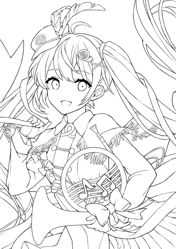 Desenho de contorno em preto e branco de uma menina anime com maria-chiquinha, usando quepe com pena e segurando uma trompa com notas musicais decorativas.