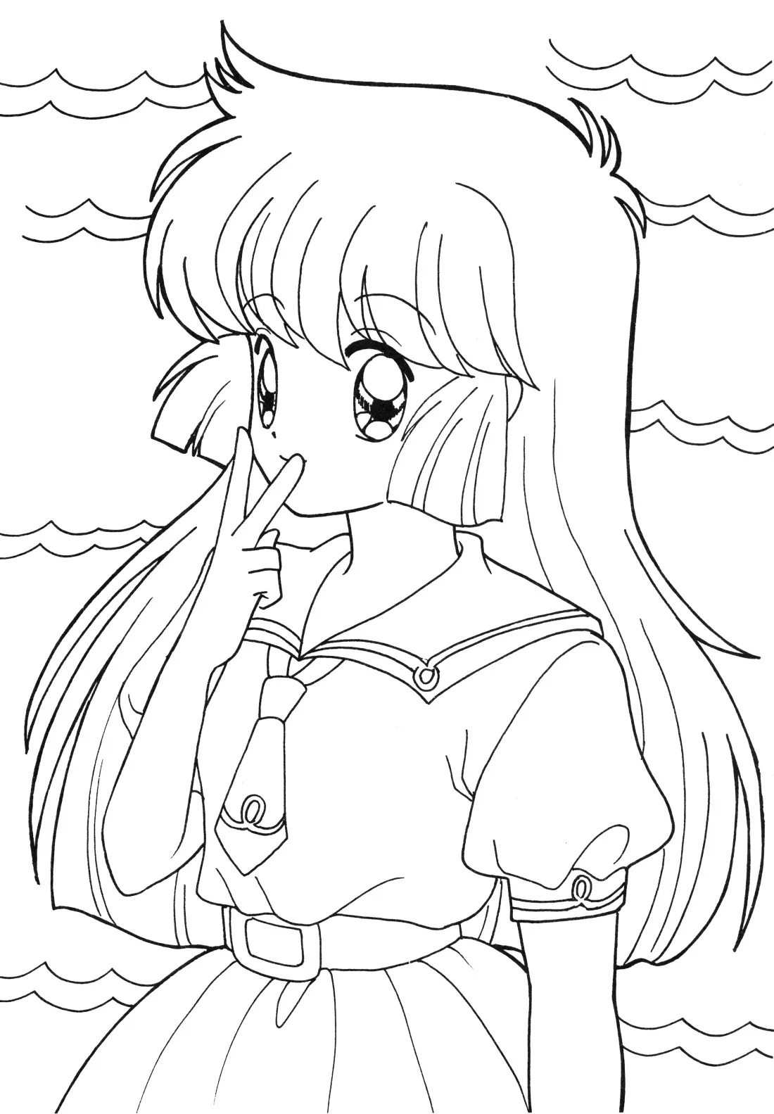 Desenho de contorno em preto e branco de uma garota anime com cabelos longos, usando uniforme de marinheiro e fazendo um sinal de silêncio, com o mar ao fundo.