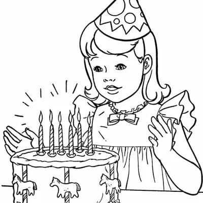 Desenho de contorno de uma menina com chapéu de festa de bolinhas, olhando para um bolo de aniversário decorado com cavalos de carrossel e seis velas acesas.