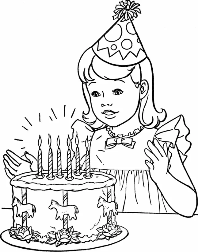 Desenho de contorno de uma menina com chapéu de festa de bolinhas, olhando para um bolo de aniversário decorado com cavalos de carrossel e seis velas acesas.