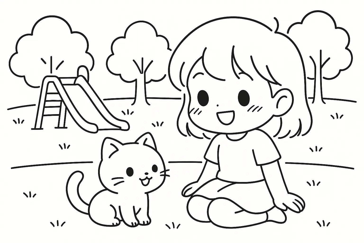 Desenho de contorno de uma menina sorridente sentada no chão ao lado de um gatinho pequeno em um parque com escorregador e árvores.