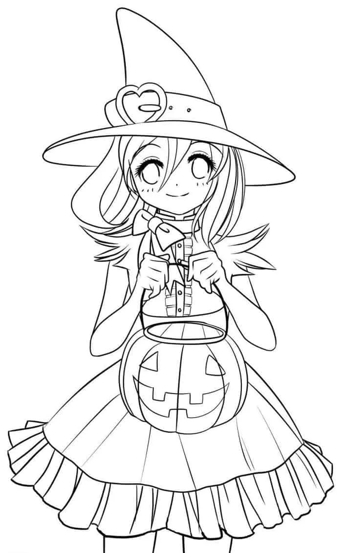 Desenho de contorno em preto e branco de uma garota anime usando chapéu de bruxa pontiagudo e segurando uma lanterna de abóbora.