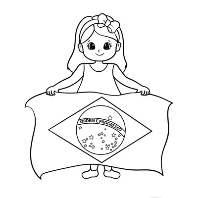 Desenho de contorno de uma menina sorridente com laço no cabelo segurando a bandeira do Brasil à sua frente.