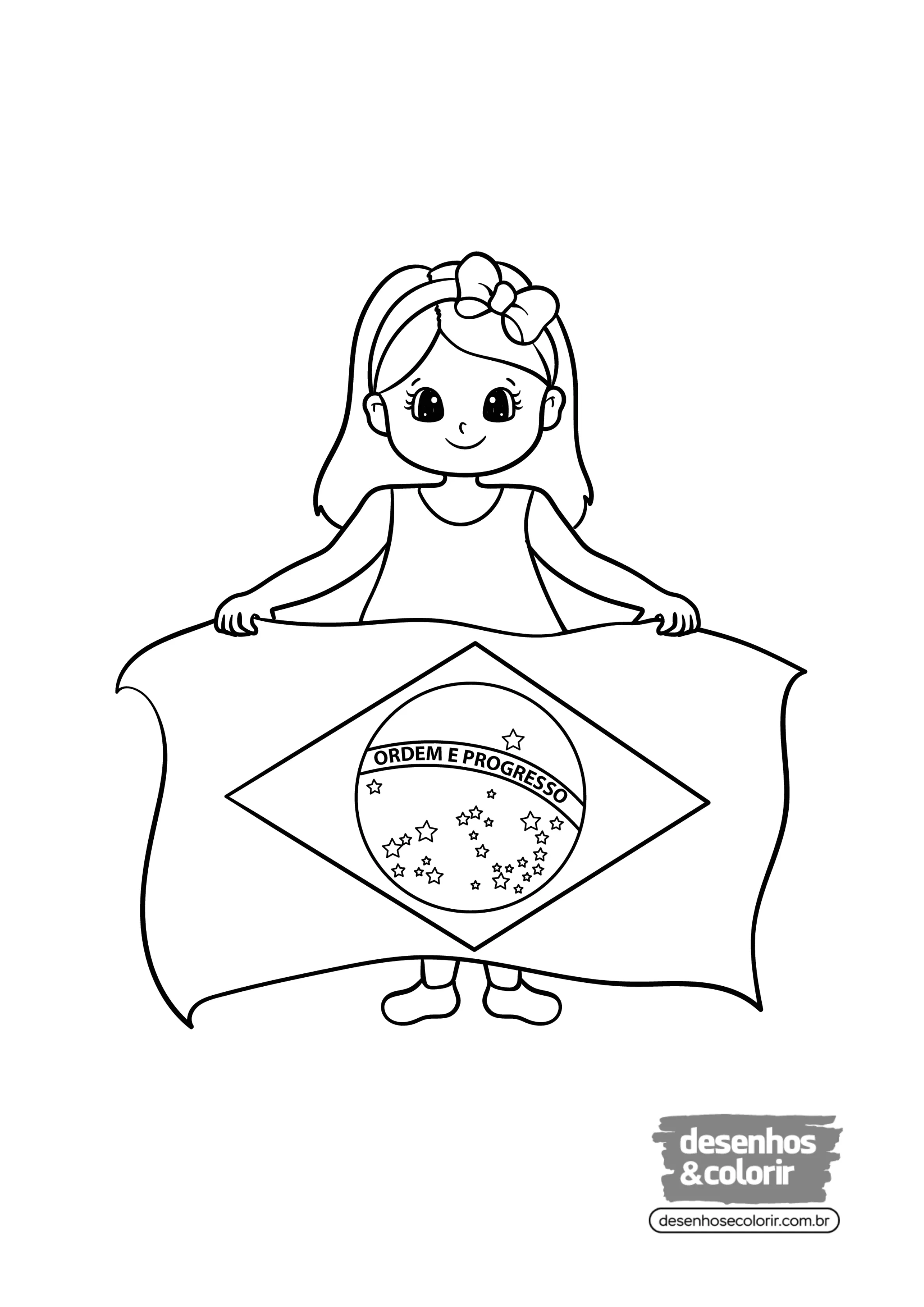 Desenho de contorno de uma menina sorridente com laço no cabelo segurando a bandeira do Brasil à sua frente.