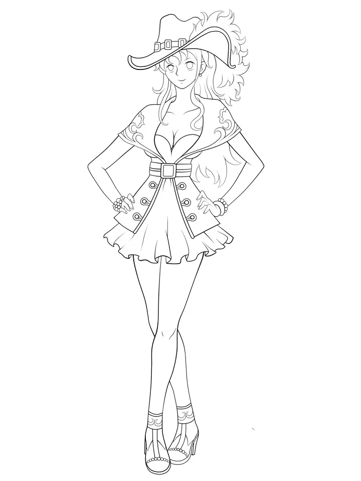 Desenho de contorno em preto e branco de uma personagem feminina pirata de anime, usando chapéu de pirata com penas grandes, vestido curto e botas.