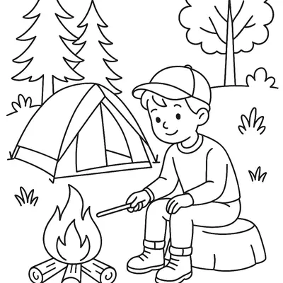 Desenho de contorno de um menino sentado em um tronco de árvore perto de uma fogueira, com uma barraca de acampamento e pinheiros ao fundo.