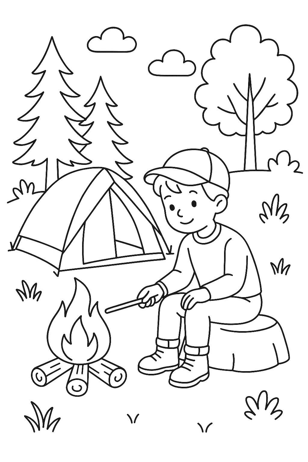 Desenho de contorno de um menino sentado em um tronco de árvore perto de uma fogueira, com uma barraca de acampamento e pinheiros ao fundo.