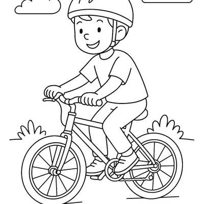 Desenho de contorno de um menino usando capacete, pedalando uma bicicleta em um caminho com nuvens e arbustos ao fundo.