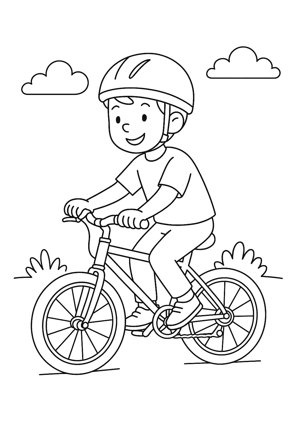 Desenho de contorno de um menino usando capacete, pedalando uma bicicleta em um caminho com nuvens e arbustos ao fundo.