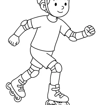 Desenho de contorno de um menino em movimento andando de patins, equipado com capacete, protetores de punho, cotoveleiras e joelheiras.