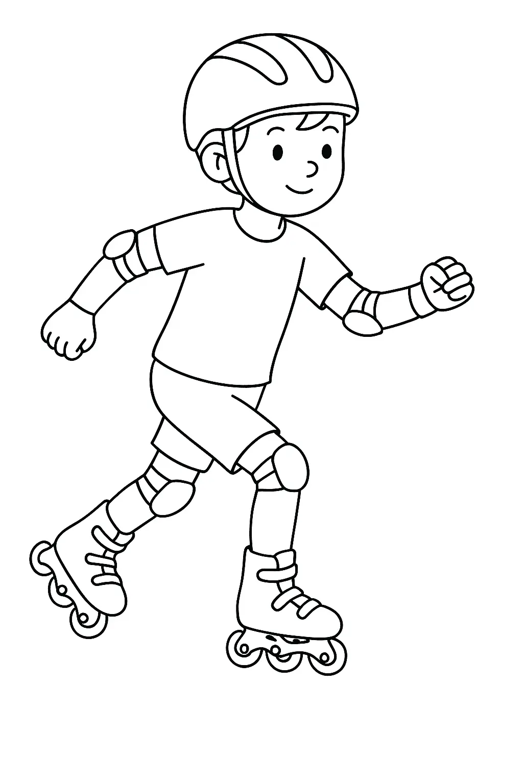 Desenho de contorno de um menino em movimento andando de patins, equipado com capacete, protetores de punho, cotoveleiras e joelheiras.