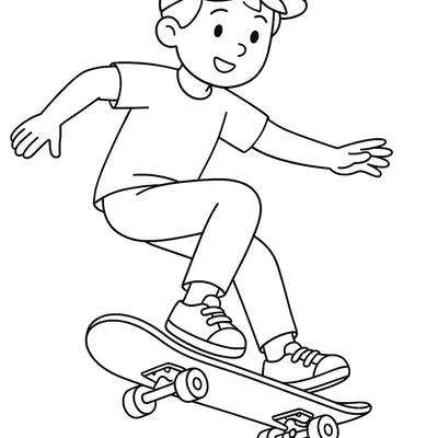 Desenho de contorno de um menino em movimento em cima de um skate, usando boné, camiseta e calças, com o skate levemente inclinado para uma manobra.
