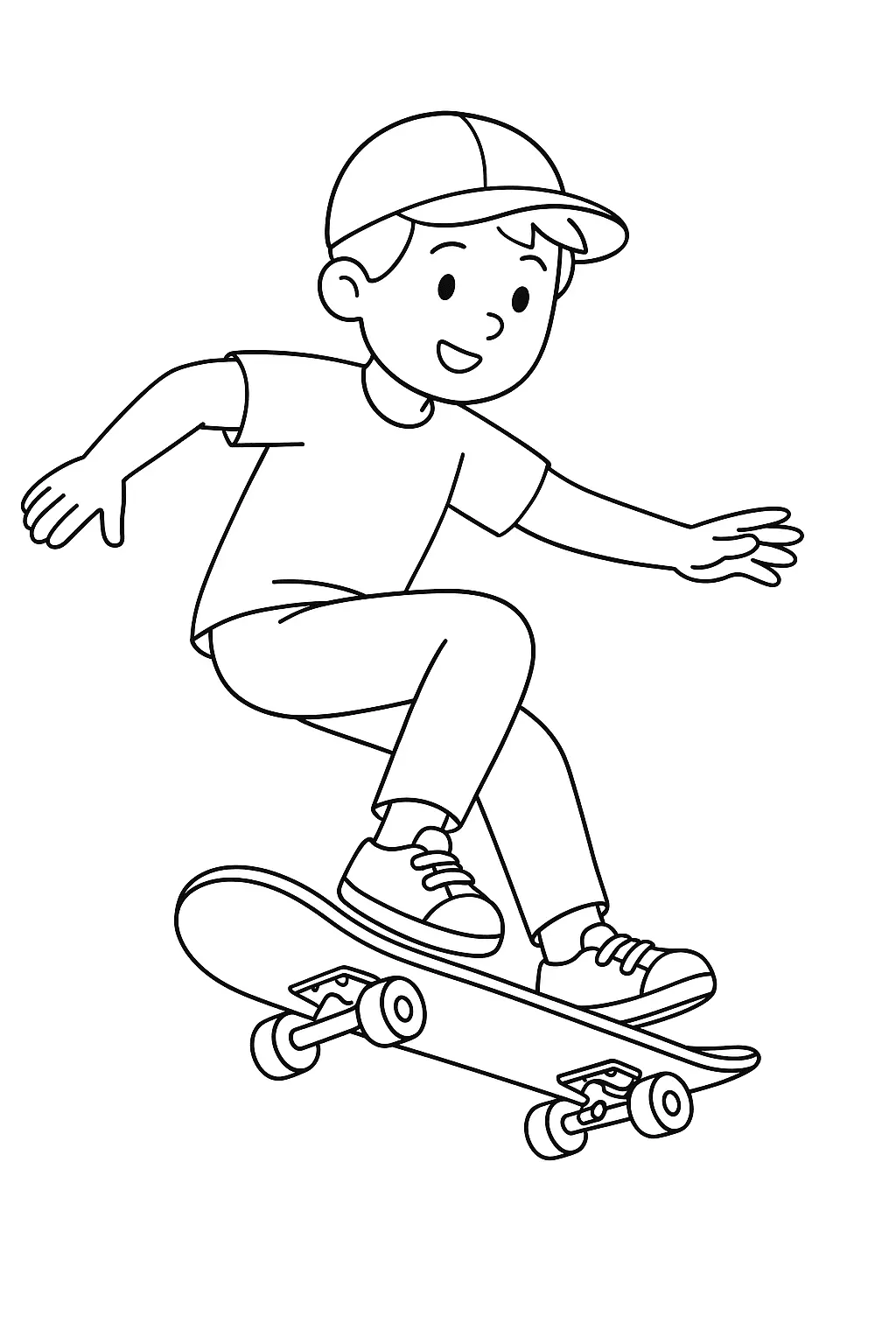 Desenho de contorno de um menino em movimento em cima de um skate, usando boné, camiseta e calças, com o skate levemente inclinado para uma manobra.