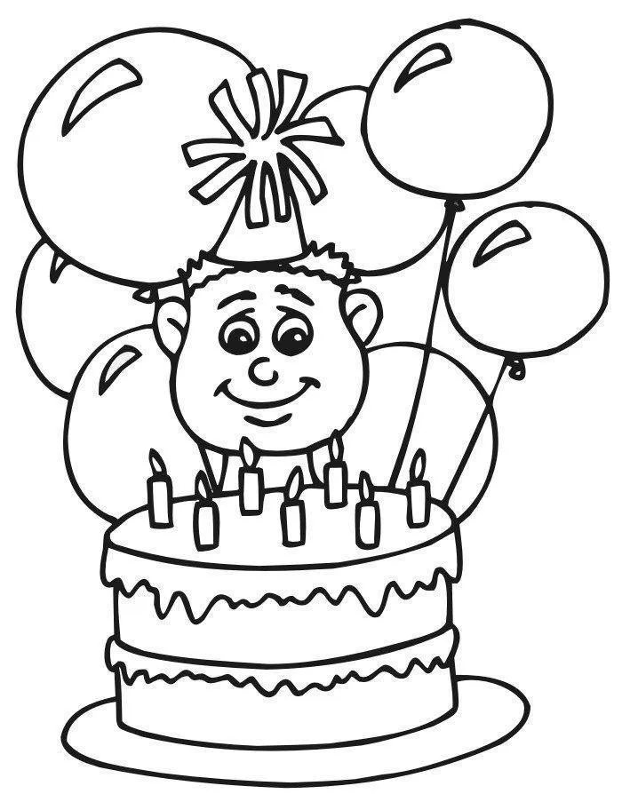 Desenho de contorno de um menino com chapéu de festa de pompom, posicionado atrás de um bolo de aniversário de duas camadas com nove velas e seis balões ao fundo.