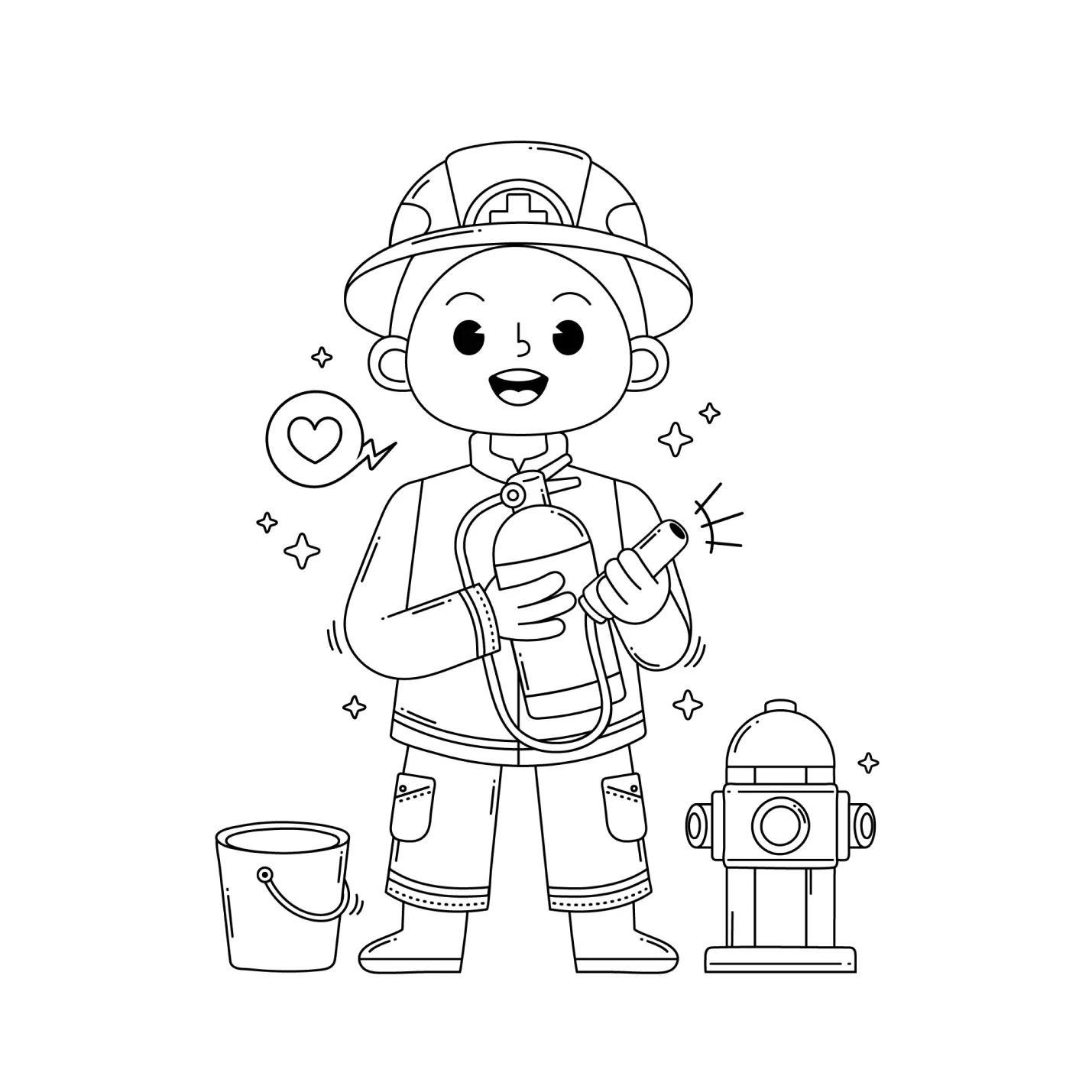Desenho de contorno de um menino vestido de bombeiro com capacete, segurando um extintor de incêndio, ao lado de um hidrante e um balde.