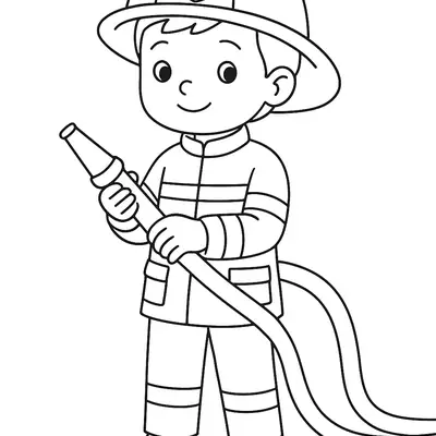 Desenho de contorno de um menino vestido de bombeiro, usando capacete de proteção com emblema e segurando uma mangueira de incêndio.