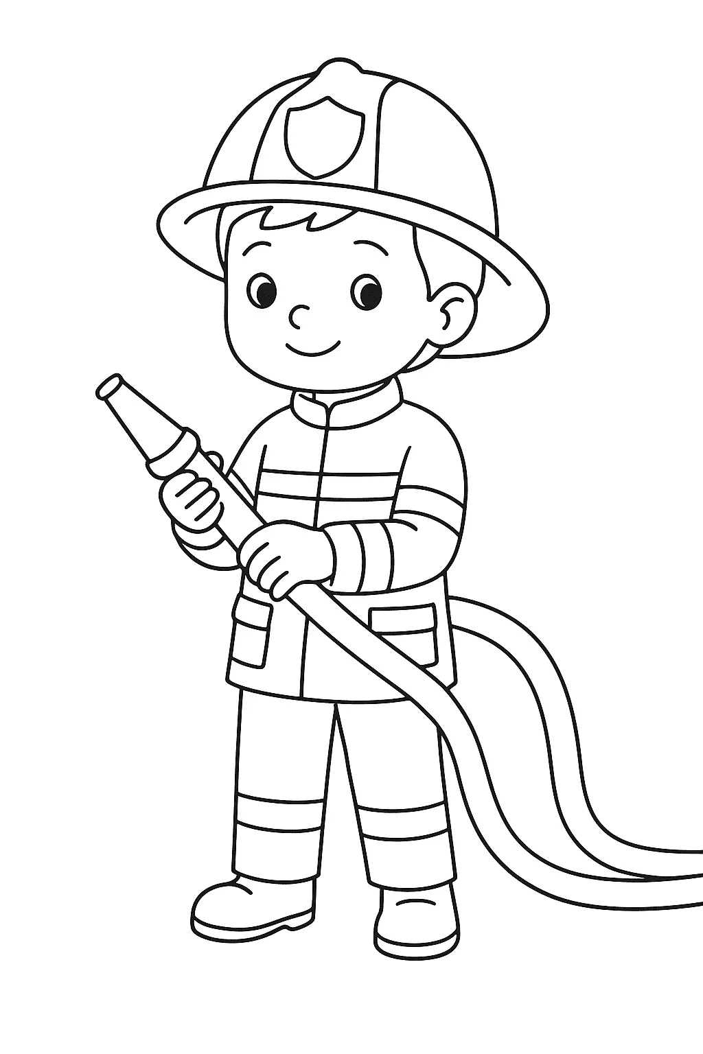 Desenho de contorno de um menino vestido de bombeiro, usando capacete de proteção com emblema e segurando uma mangueira de incêndio.