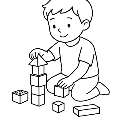 Desenho de contorno de um menino sentado no chão, montando uma torre com blocos de diferentes formatos geométricos.