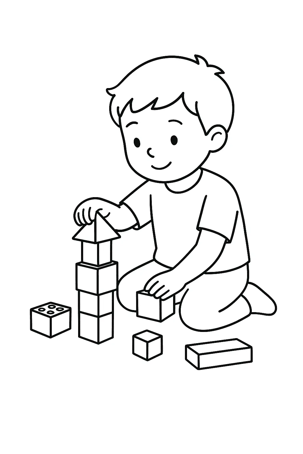 Desenho de contorno de um menino sentado no chão, montando uma torre com blocos de diferentes formatos geométricos.