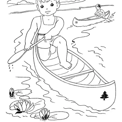 Desenho de contorno de um menino ajoelhado em uma canoa segurando um remo, com vitórias-régias na água e montanhas ao fundo.